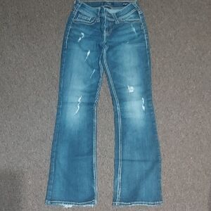 Silver Jeans Women's Distressed Blue Boot Cut Jeans